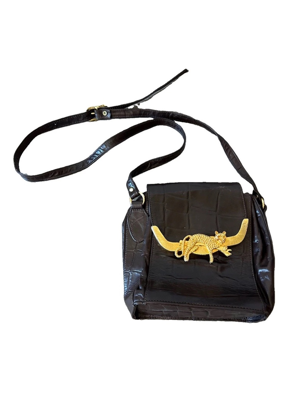 Vintage Y2K Cache Brown Leather Crossbody Bag Gold Leopard Panther Croc